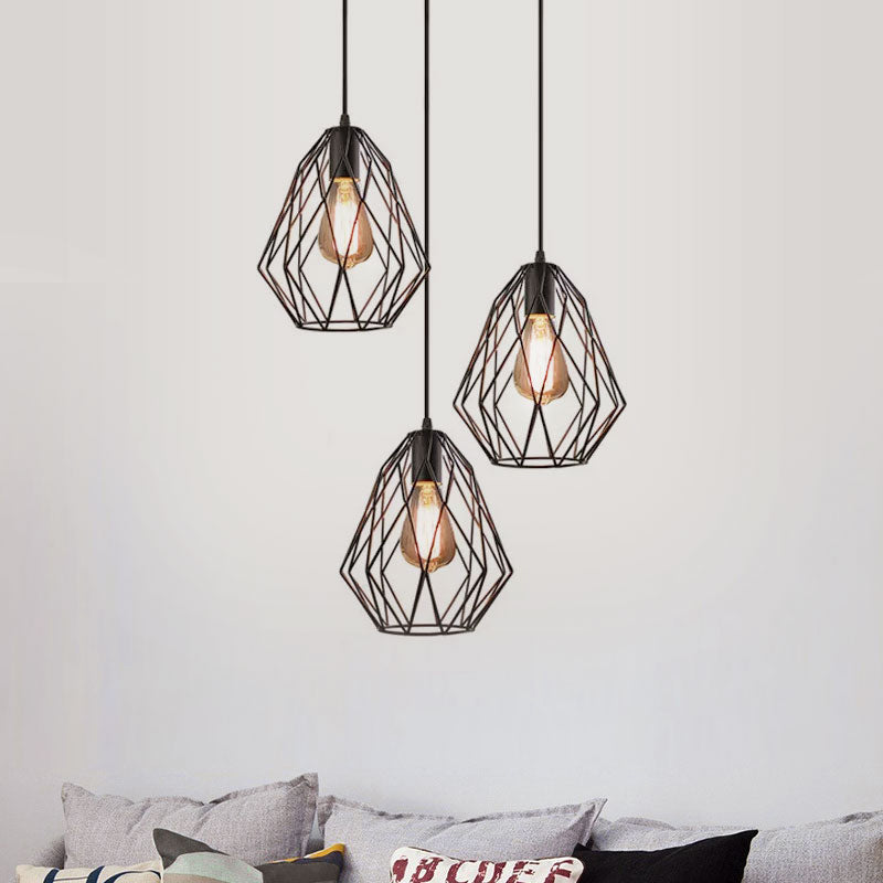 Vintage Style Faceted Cage Ceiling Fixture 3 Bulbs Metal Pendant Lighting with Linear/Round Canopy in Black for Dining Table Clearhalo 'Ceiling Lights' 'Pendant Lights' 'Pendants' Lighting' 1418271