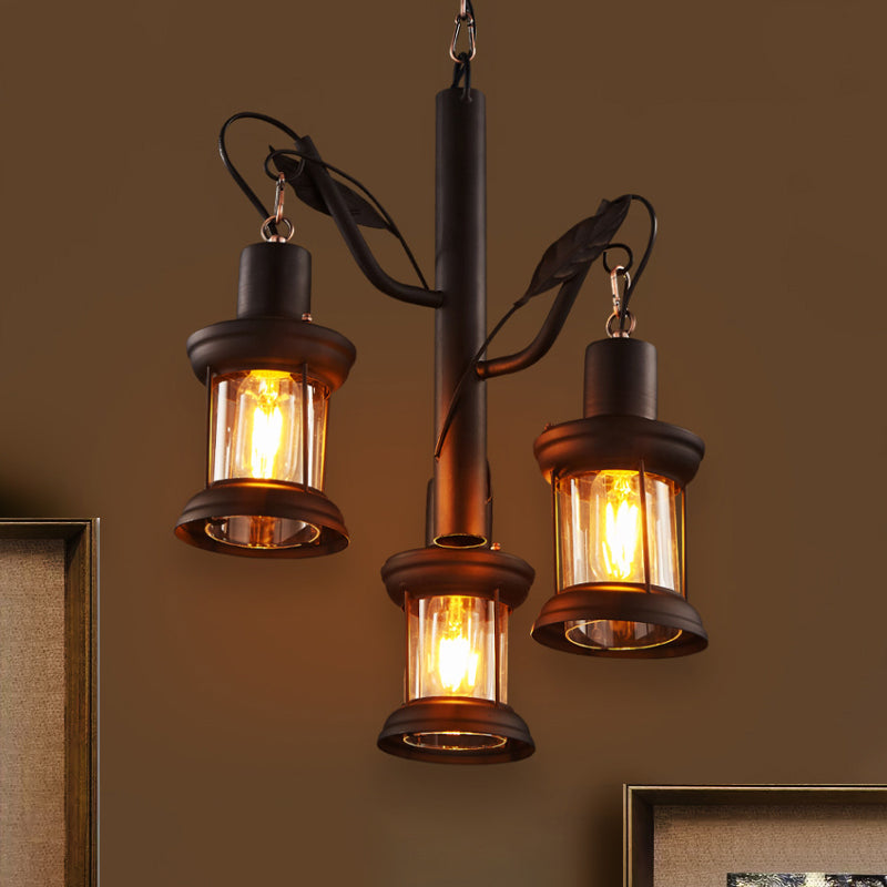 3 Lights Ceiling Light Fixture Coastal Lantern Clear Glass Pendant Chandelier in Black Clearhalo 'Cast Iron' 'Ceiling Lights' 'Chandeliers' 'Industrial Chandeliers' 'Industrial' 'Metal' 'Middle Century Chandeliers' 'Rustic Chandeliers' 'Tiffany' Lighting' 1418363