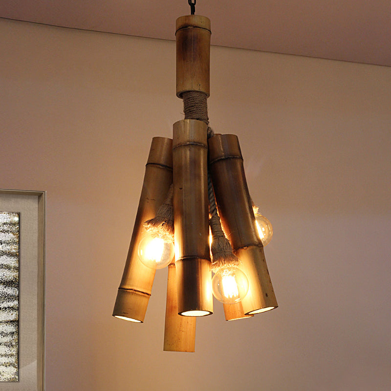 Wood Tube Hanging Lamp Three-light Industrial Chandeliers in Beige for Restaurant Bedroom Clearhalo 'Cast Iron' 'Ceiling Lights' 'Chandeliers' 'Industrial Chandeliers' 'Industrial' 'Metal' 'Middle Century Chandeliers' 'Rustic Chandeliers' 'Tiffany' Lighting' 1418372