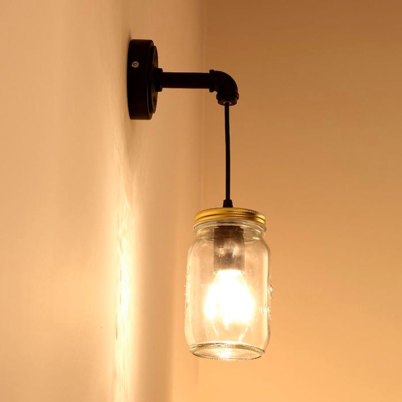 Clear Glass Black Wall Sconce Lighting Jar Shade 1-Light Industrial Light Fixture for Corridor Clearhalo 'Art deco wall lights' 'Cast Iron' 'Glass' 'Industrial wall lights' 'Industrial' 'Middle century wall lights' 'Modern' 'Rustic wall lights' 'Tiffany' 'Traditional wall lights' 'Wall Lamps & Sconces' 'Wall Lights' Lighting' 1418543