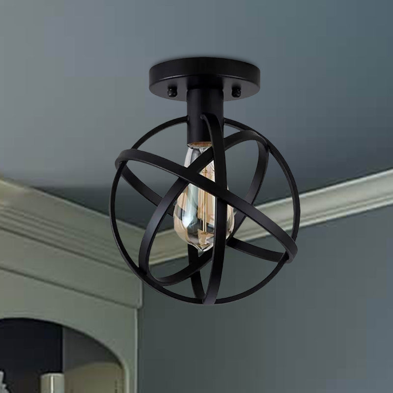 Retro Stylish Orb Cage Ceiling Fixture 1 Bulb Metallic Semi Flush Pendant Light in Black for Balcony Clearhalo 'Ceiling Lights' 'Close To Ceiling Lights' 'Close to ceiling' 'Semi-flushmount' Lighting' 1418555