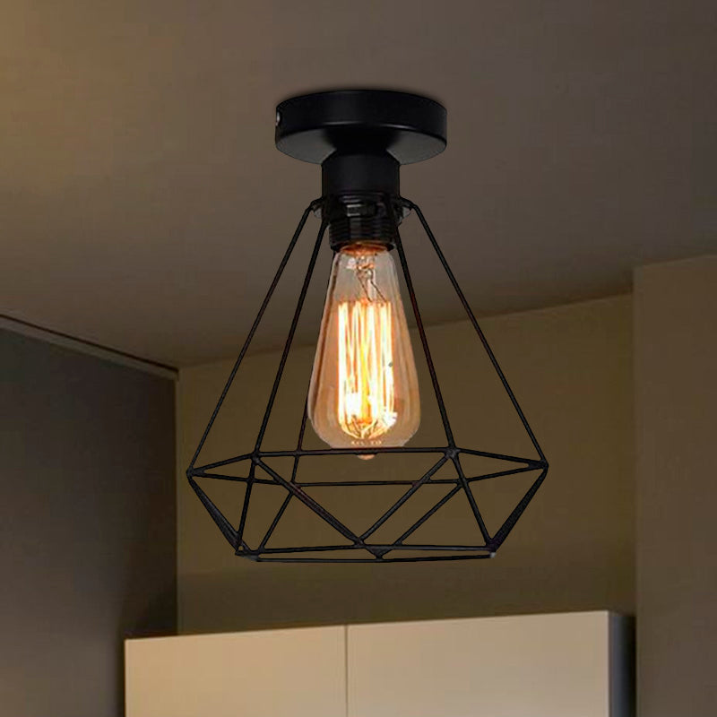 1 Head Iron Semi Flush Mount Light Industrial Style Black Cage Diamond Coffee Shop Ceiling Light Clearhalo 'Ceiling Lights' 'Close To Ceiling Lights' 'Close to ceiling' 'Semi-flushmount' Lighting' 1418556