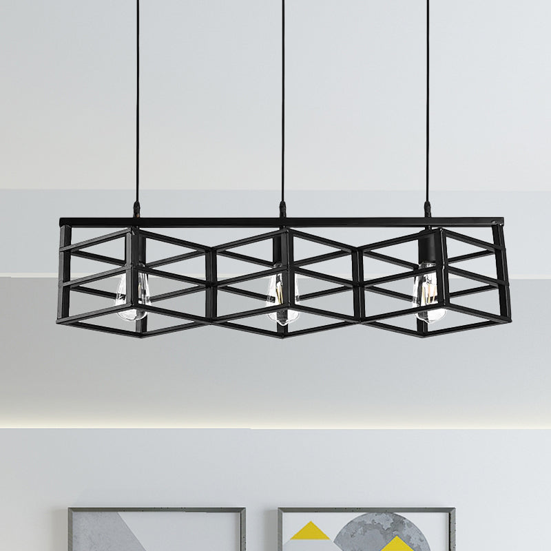 Black Linear Cage Suspension Light Vintage Industrial Metal 3 Bulbs Hallway Pendant Lamp Clearhalo 'Art Deco Pendants' 'Black' 'Cast Iron' 'Ceiling Lights' 'Ceramic' 'Crystal' 'Industrial Pendants' 'Industrial' 'Metal' 'Middle Century Pendants' 'Pendant Lights' 'Pendants' 'Rustic Pendants' 'Tiffany' Lighting' 1418563