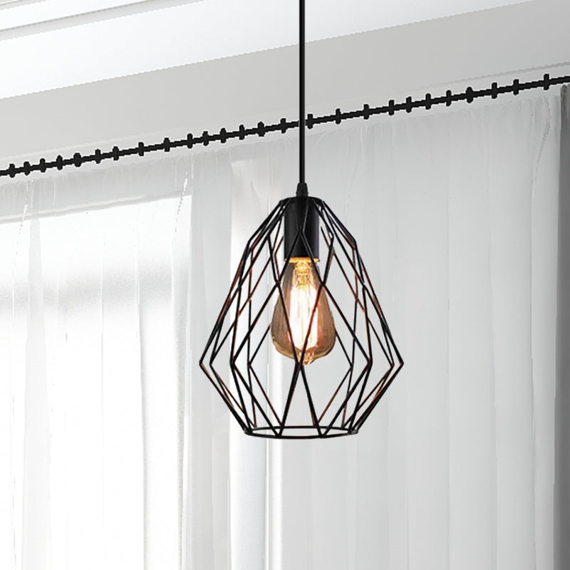 Diamond Cage Metal Pendant Light Industrial 1 Light Dining Room Ceiling Fixture in Black Finish Clearhalo 'Art Deco Pendants' 'Black' 'Cast Iron' 'Ceiling Lights' 'Ceramic' 'Crystal' 'Industrial Pendants' 'Industrial' 'Metal' 'Middle Century Pendants' 'Pendant Lights' 'Pendants' 'Rustic Pendants' 'Tiffany' Lighting' 1418592