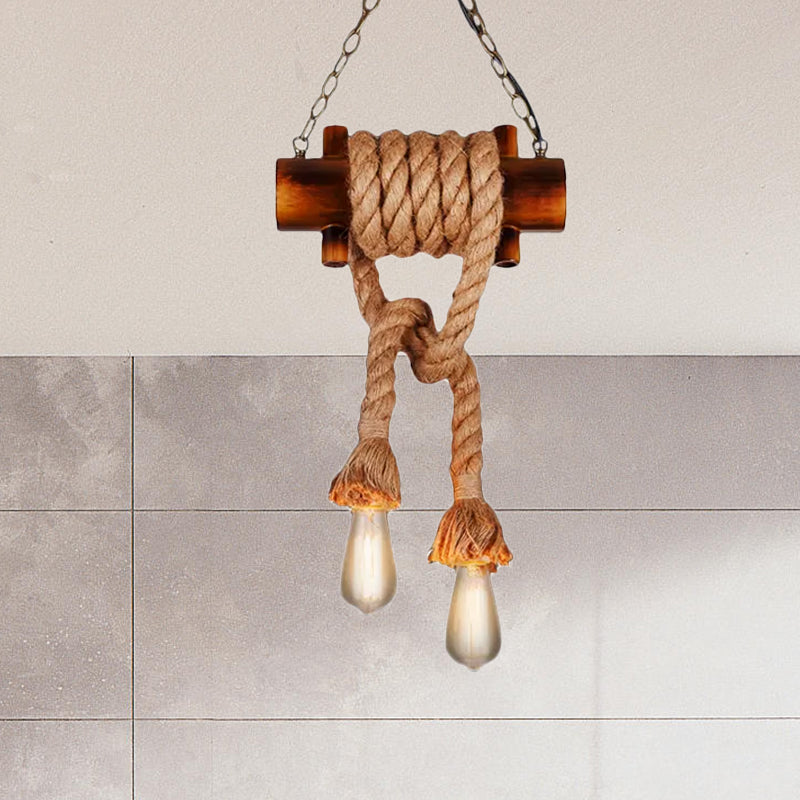 Bare Bulb Hanging Light Vintage Two-head Brown Bamboo Ceiling Fixture with Hemp Rope for Living Room Clearhalo 'Ceiling Lights' 'Pendant Lights' 'Pendants' Lighting' 1418606