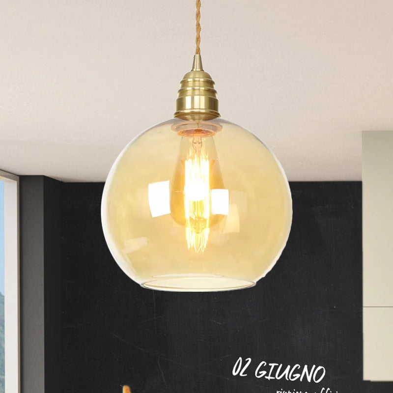 Industrial Global Pendant Lighting 1 Light Amber Glass Hanging Ceiling Light in Brass, 8