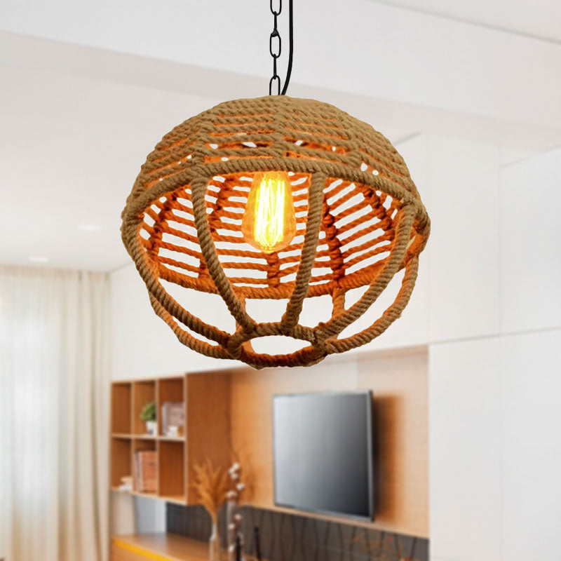 1 Bulb Pendant Light Retro Global Cage Hemp Rope Ceiling Pendant in Beige for Living Room Clearhalo 'Ceiling Lights' 'Industrial Pendants' 'Industrial' 'Middle Century Pendants' 'Pendant Lights' 'Pendants' 'Tiffany' Lighting' 1418674