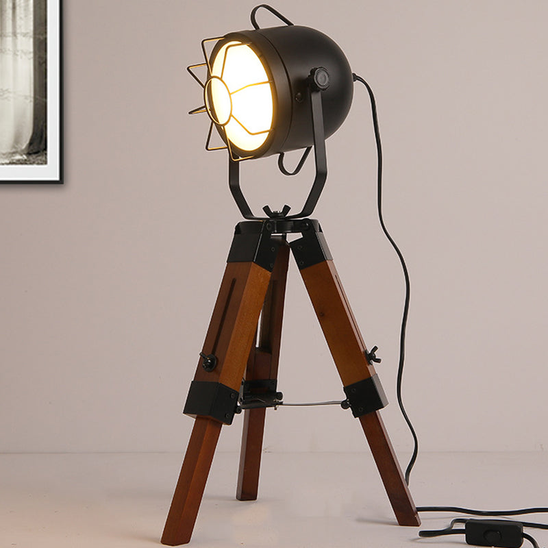 Loft Industrial Bell Shade Desk Lamp with Tripod 1 Head Metal and Wood Small Table Lamp in Brown Clearhalo 'Lamps' 'Table Lamps' Lighting' 1418730