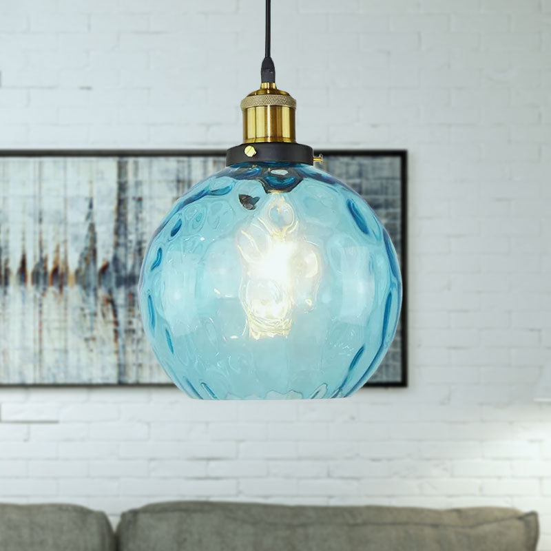 Blue Globe Pendant Lighting Fixture Industrial Dimpled Glass 1 Light Living Room Hanging Ceiling Light Clearhalo 'Ceiling Lights' 'Close To Ceiling Lights' 'Glass shade' 'Glass' 'Industrial Pendants' 'Industrial' 'Middle Century Pendants' 'Pendant Lights' 'Pendants' 'Tiffany' Lighting' 1418743