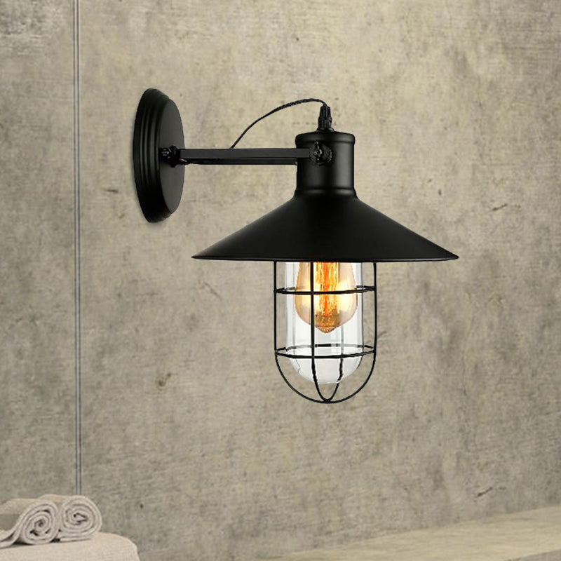 1 Light Cone Sconce Light Industrial Black Clear Glass Wall Lamp for Kitchen with Cage and Plug-In Cord Clearhalo 'Art deco wall lights' 'Cast Iron' 'Glass' 'Industrial wall lights' 'Industrial' 'Middle century wall lights' 'Modern' 'Rustic wall lights' 'Tiffany' 'Traditional wall lights' 'Wall Lamps & Sconces' 'Wall Lights' Lighting' 1418765