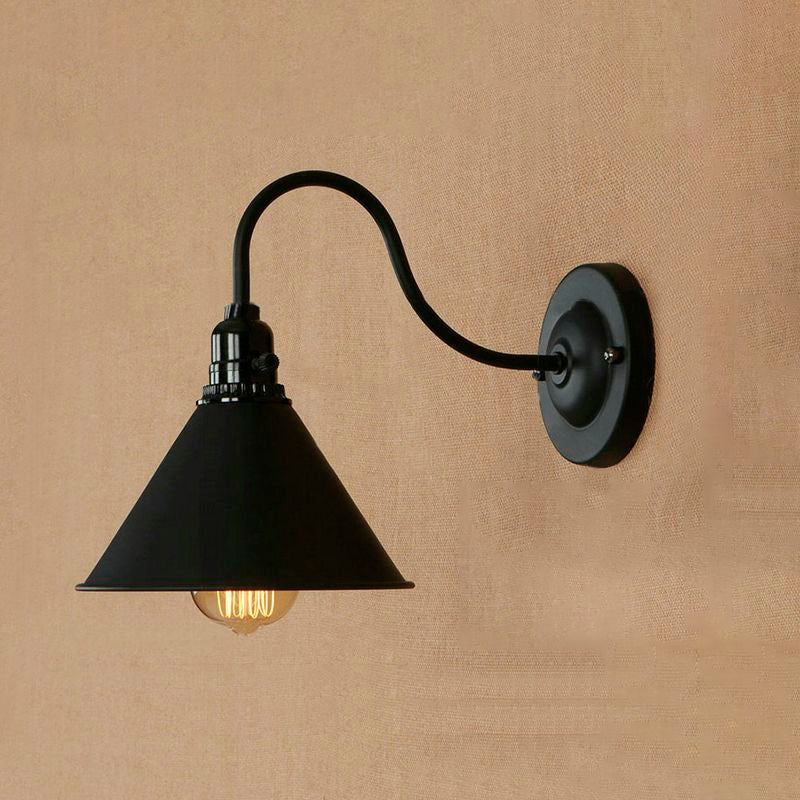 Retro Stylish Conical Wall Lighting 1 Bulb Metal Plug-In Sconce Lamp with Gooseneck Arm in Matte Black for Porch Clearhalo 'Art deco wall lights' 'Cast Iron' 'Glass' 'Industrial wall lights' 'Industrial' 'Middle century wall lights' 'Modern' 'Rustic wall lights' 'Tiffany' 'Traditional wall lights' 'Wall Lamps & Sconces' 'Wall Lights' Lighting' 1418766