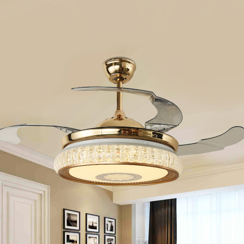 Gold Canopy LED Semi Flush Contemporary Faceted Crystals Round Pendant Fan Lamp with 3 Blades, 42