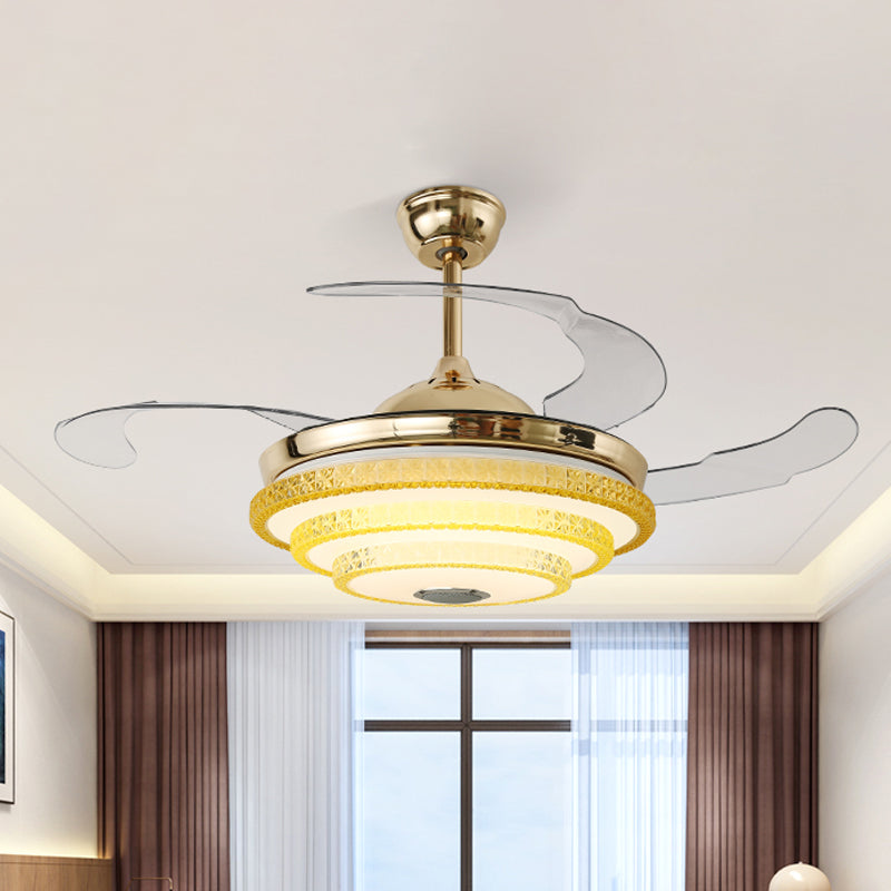 3 Blades Modern Round Semi Flush Bevel Cut Crystals LED Ceiling Fan Lamp in Gold, 42