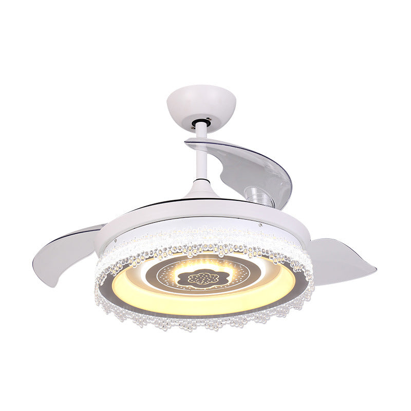 LED Round Semi-Flush Mount Traditional White Clear Crystals Hanging Fan Lamp with 3 Blades, 42