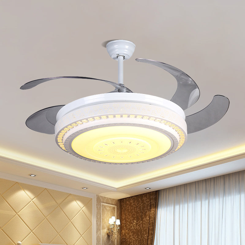 4 Blades White LED Ceiling Fan Light Modern Faceted Crystals Circular Semi Flushmount, 52