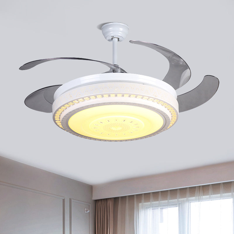 4 Blades White LED Ceiling Fan Light Modern Faceted Crystals Circular Semi Flushmount, 52