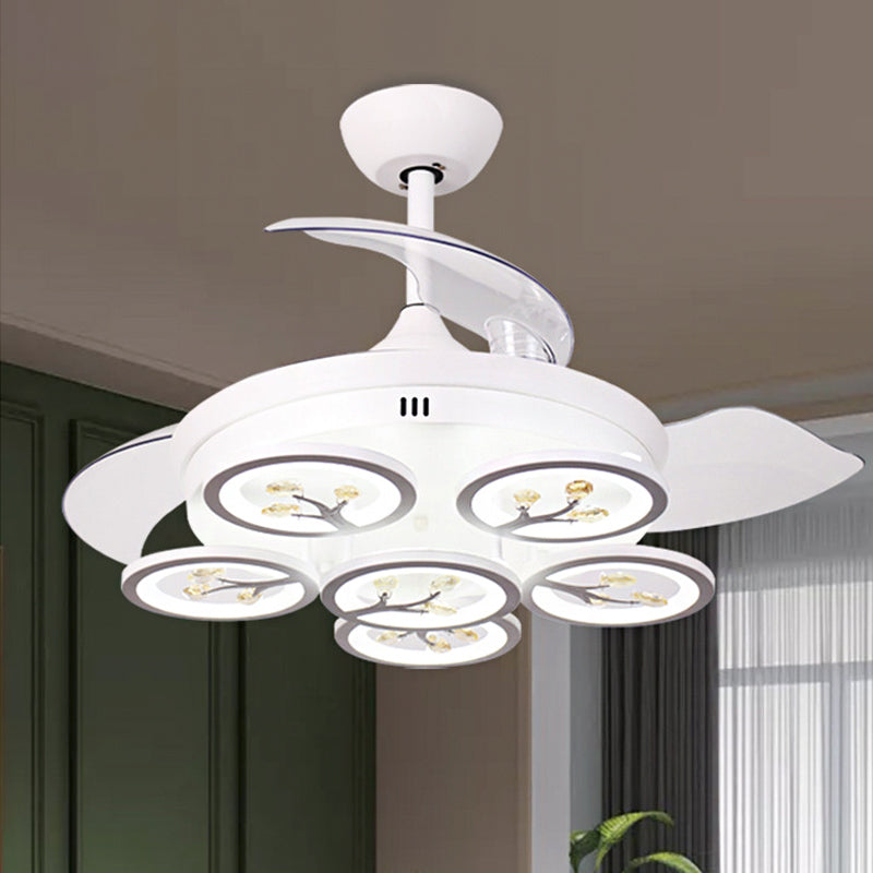 Flower Parlor Hanging Fan Light Modern Beveled Crystal Raindrops LED White Semi Flush Mount with 4 Blades, 42