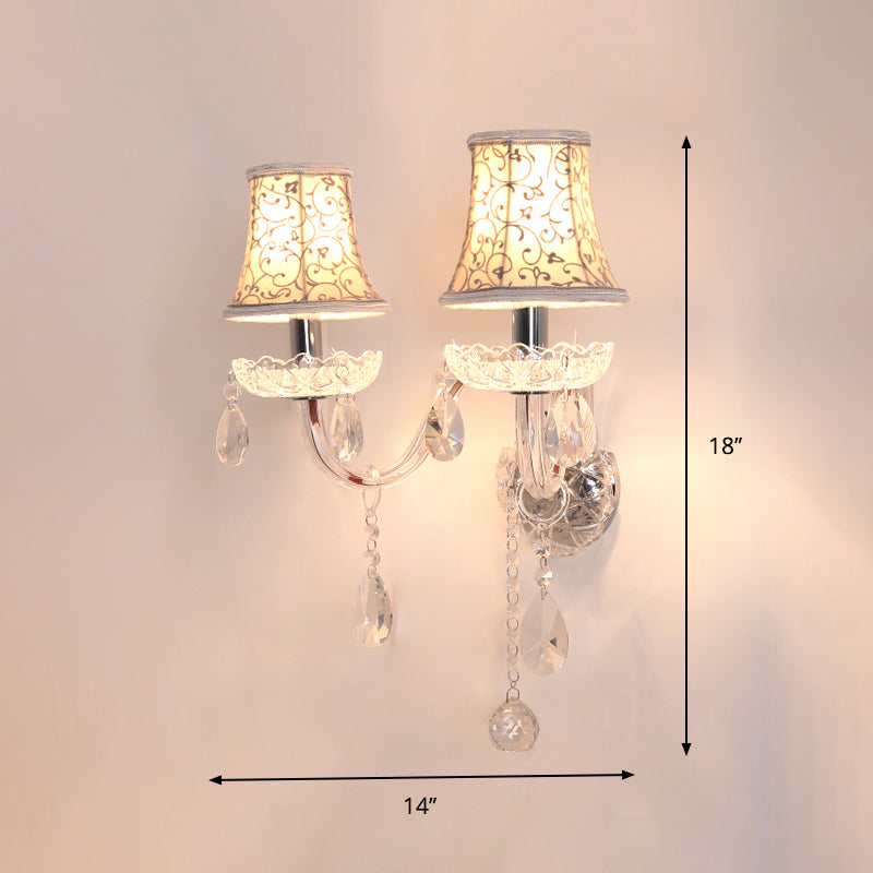 2 Heads Wall Sconce with Bell Shade Flower-Patterned Fabric Traditional Bedroom Wall Lamp with Crystal Droplets Clearhalo 'Wall Lamps & Sconces' 'Wall Lights' Lighting' 1418934