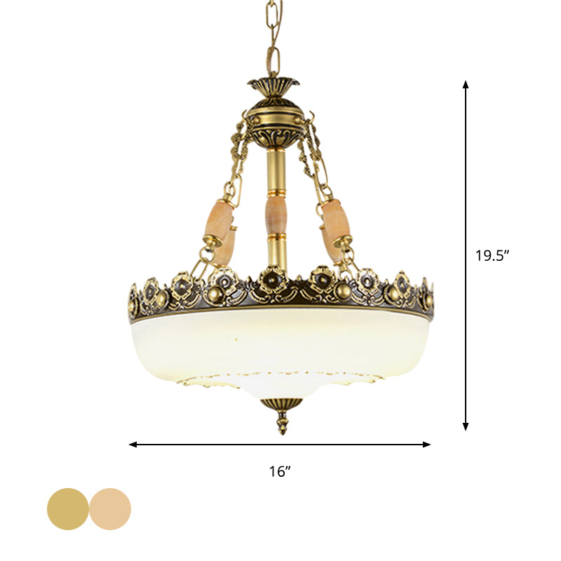 Barn-Like White Glass Pendant Light Classic Single Bulb Bedroom Suspension Lighting Fixture in Beige/Brass, 12