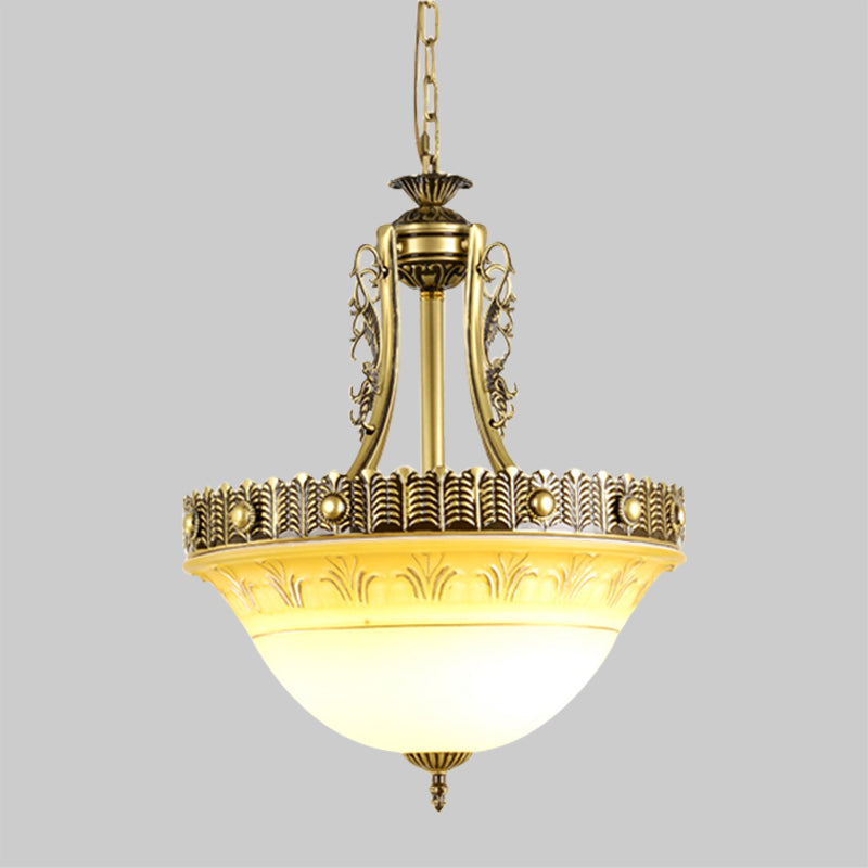 Beige/Brass Bell Shape Hanging Lamp Rustic Style Milky Glass 12