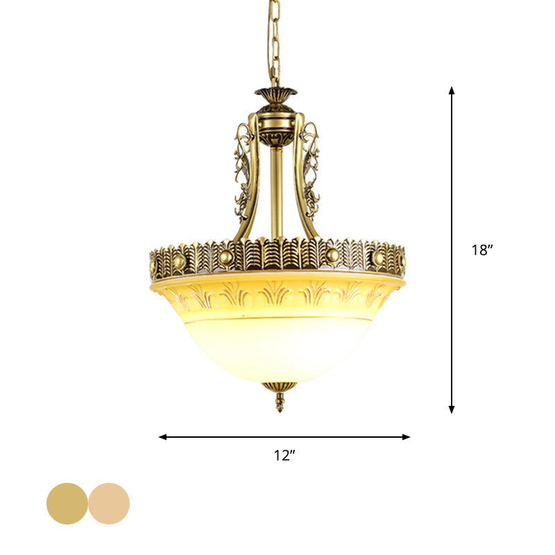 Beige/Brass Bell Shape Hanging Lamp Rustic Style Milky Glass 12