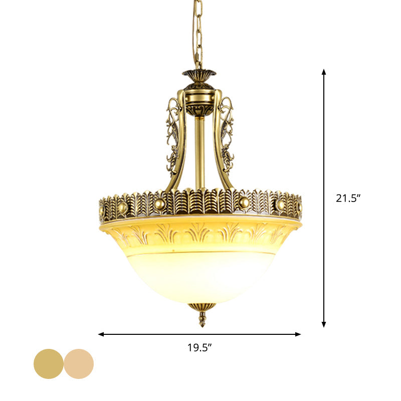 Beige/Brass Bell Shape Hanging Lamp Rustic Style Milky Glass 12