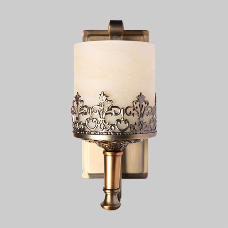 Antiqued Cylinder Wall Light Single Bulb White Glass Etching Wall Lighting Fixture in Gold Clearhalo 'Wall Lamps & Sconces' 'Wall Lights' Lighting' 1419089