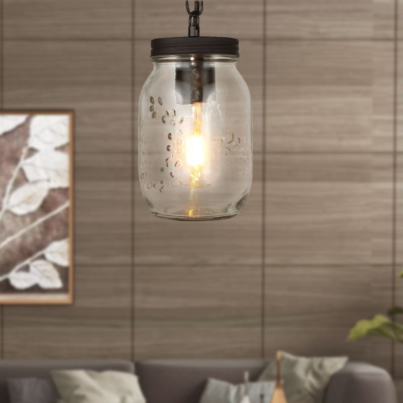 Modern Mason Jar Hanging Ceiling Light 1 Light Clear Glass Pendant Lighting in Black Clearhalo 'Ceiling Lights' 'Glass shade' 'Glass' 'Industrial Pendants' 'Industrial' 'Middle Century Pendants' 'Pendant Lights' 'Pendants' 'Tiffany' Lighting' 1419195