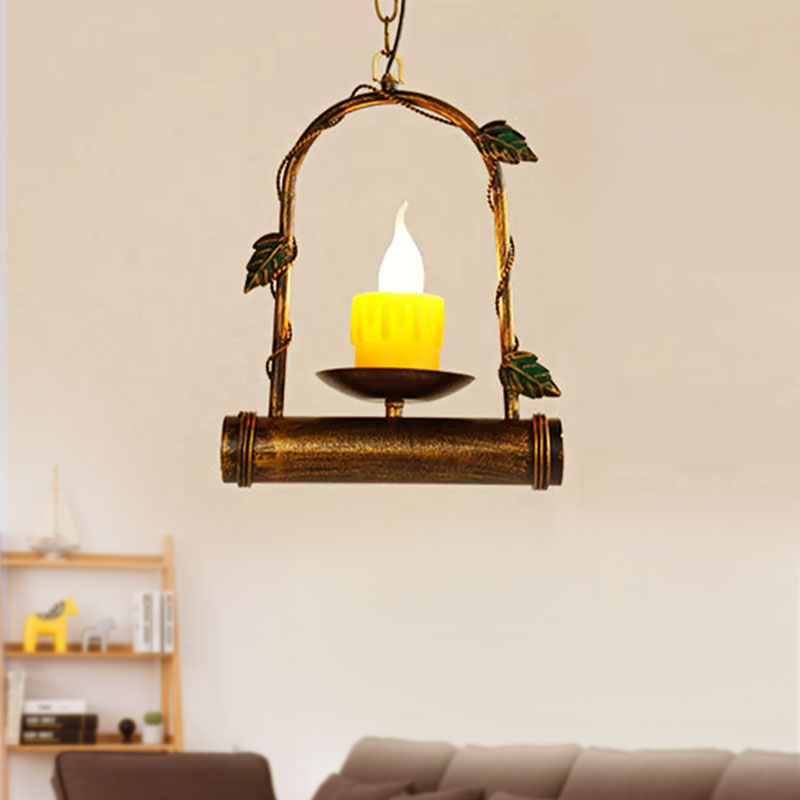 Aged Brass Arched Ceiling Pendant Light Candle Rustic Lodge Metal Suspension Lamp Clearhalo 'Ceiling Lights' 'Pendant Lights' 'Pendants' Lighting' 1419217