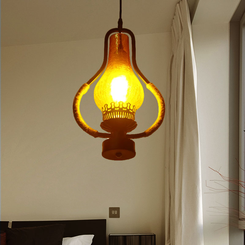 Black 1 Light Hanging Ceiling Light Vintage Yellow Crackle Glass Kerosene Pendant Lighting for Living Room Clearhalo 'Ceiling Lights' 'Glass shade' 'Glass' 'Industrial Pendants' 'Industrial' 'Middle Century Pendants' 'Pendant Lights' 'Pendants' 'Tiffany' Lighting' 1419222