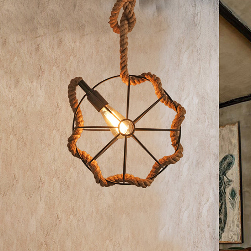 1 Head Wheel Cage Pendant Lighting Industrial Beige Rope and Metal Adjustable Hanging Ceiling Light Clearhalo 'Art Deco Pendants' 'Cast Iron' 'Ceiling Lights' 'Ceramic' 'Crystal' 'Industrial Pendants' 'Industrial' 'Metal' 'Middle Century Pendants' 'Pendant Lights' 'Pendants' 'Tiffany' Lighting' 1419295