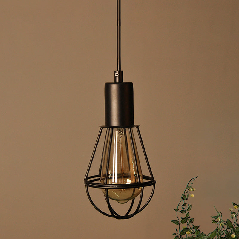 Black Small Cage Pendant Light Industrial Vintage Metallic 1 Head Living Room Hanging Lamp Clearhalo 'Art Deco Pendants' 'Black' 'Cast Iron' 'Ceiling Lights' 'Ceramic' 'Crystal' 'Industrial Pendants' 'Industrial' 'Metal' 'Middle Century Pendants' 'Pendant Lights' 'Pendants' 'Rustic Pendants' 'Tiffany' Lighting' 1419326