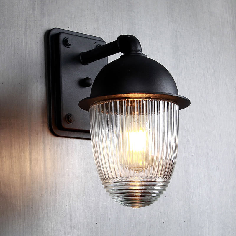 Ribbed Glass Black Sconce Light Thick Jelly Jar 1-Light Industrial Wall Lamp Fixture, 5