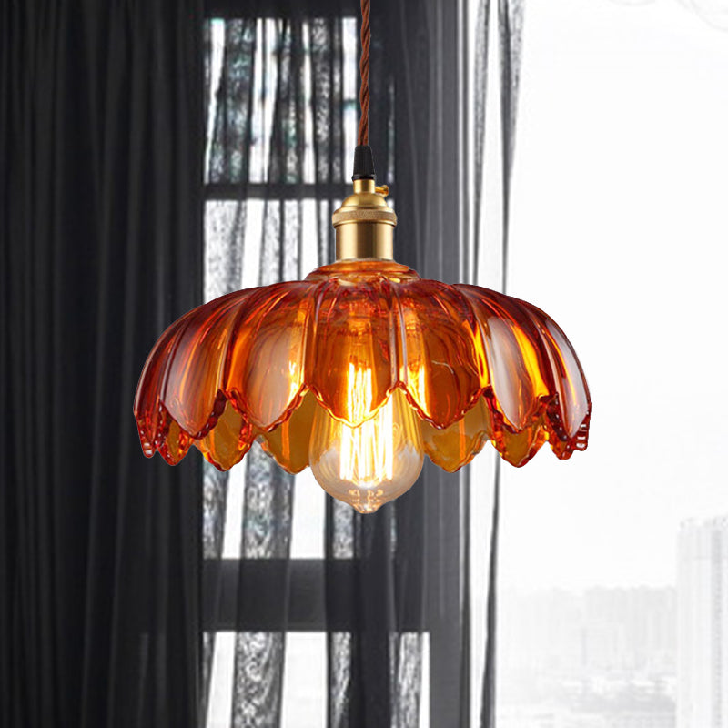 Scalloped Pendant Lighting Corridor Amber Glass Single Bulb Vintage Hanging Light, 8