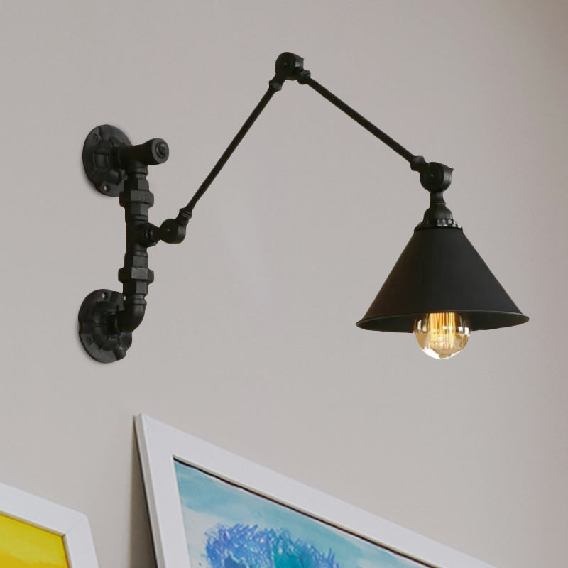 Swing Arm Bedroom Wall Sconce Industrial Metal 1 Light Black Wall Mount Light with Cone Shade, 7