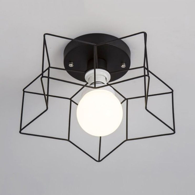 1 Bulb Star Ceiling Mounted Light with Cage Shade Industrial Black/White Metal Semi-Flush Mount Light for Bedroom Clearhalo 'Ceiling Lights' 'Close To Ceiling Lights' 'Close to ceiling' 'Semi-flushmount' Lighting' 1419744