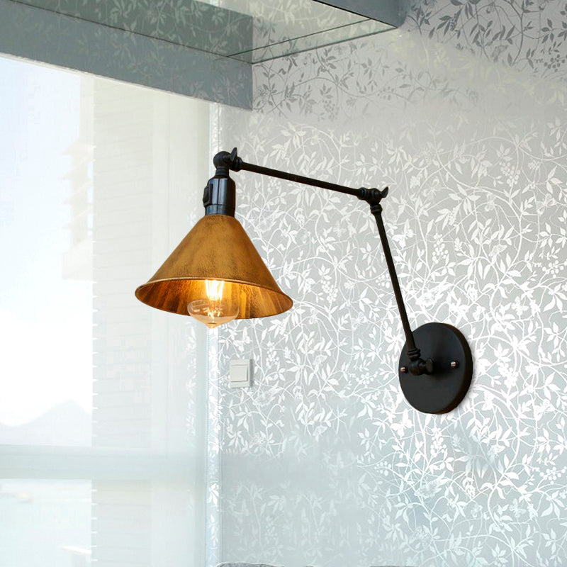 Swing Arm Bedroom Sconce Light Vintage Style Metallic 1 Head Aged Brass Wall Lamp with Cone Shade Clearhalo 'Art deco wall lights' 'Cast Iron' 'Glass' 'Industrial wall lights' 'Industrial' 'Middle century wall lights' 'Modern' 'Rustic wall lights' 'Tiffany' 'Traditional wall lights' 'Wall Lamps & Sconces' 'Wall Lights' Lighting' 1419959