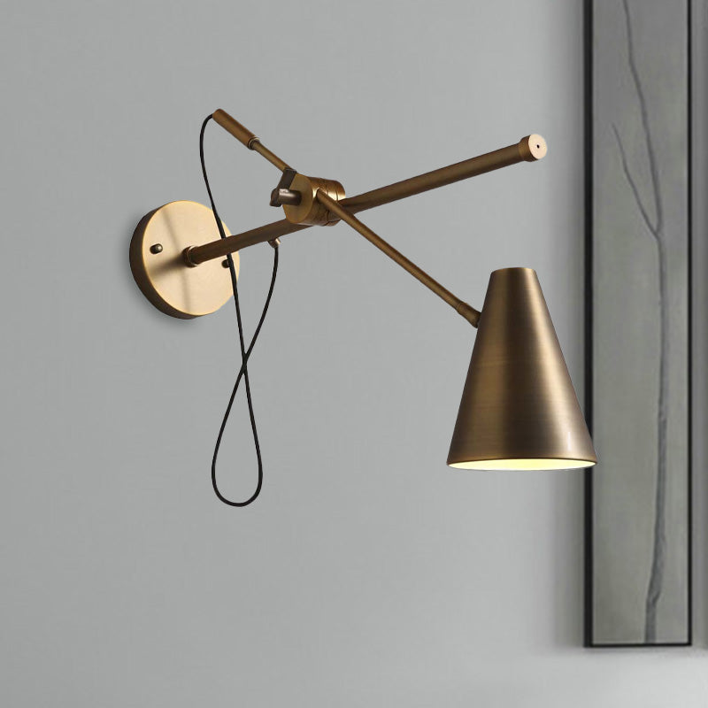 Bronze Cone Wall Sconce Light Vintage Style Metallic 1 Light Living Room Adjustable Task Lighting Clearhalo 'Art deco wall lights' 'Cast Iron' 'Glass' 'Industrial wall lights' 'Industrial' 'Middle century wall lights' 'Modern' 'Rustic wall lights' 'Tiffany' 'Traditional wall lights' 'Wall Lamps & Sconces' 'Wall Lights' Lighting' 1420127