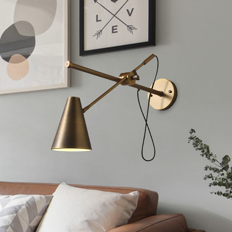 Bronze Cone Wall Sconce Light Vintage Style Metallic 1 Light Living Room Adjustable Task Lighting Clearhalo 'Art deco wall lights' 'Cast Iron' 'Glass' 'Industrial wall lights' 'Industrial' 'Middle century wall lights' 'Modern' 'Rustic wall lights' 'Tiffany' 'Traditional wall lights' 'Wall Lamps & Sconces' 'Wall Lights' Lighting' 1420128