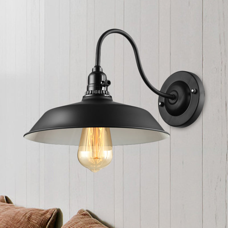 Metallic Barn Shade Wall Lamp with Gooseneck Arm Industrial 1 Bulb Bedroom Wall Lighting in Black Clearhalo 'Art deco wall lights' 'Cast Iron' 'Glass' 'Industrial wall lights' 'Industrial' 'Middle century wall lights' 'Modern' 'Rustic wall lights' 'Tiffany' 'Traditional wall lights' 'Wall Lamps & Sconces' 'Wall Lights' Lighting' 1420143