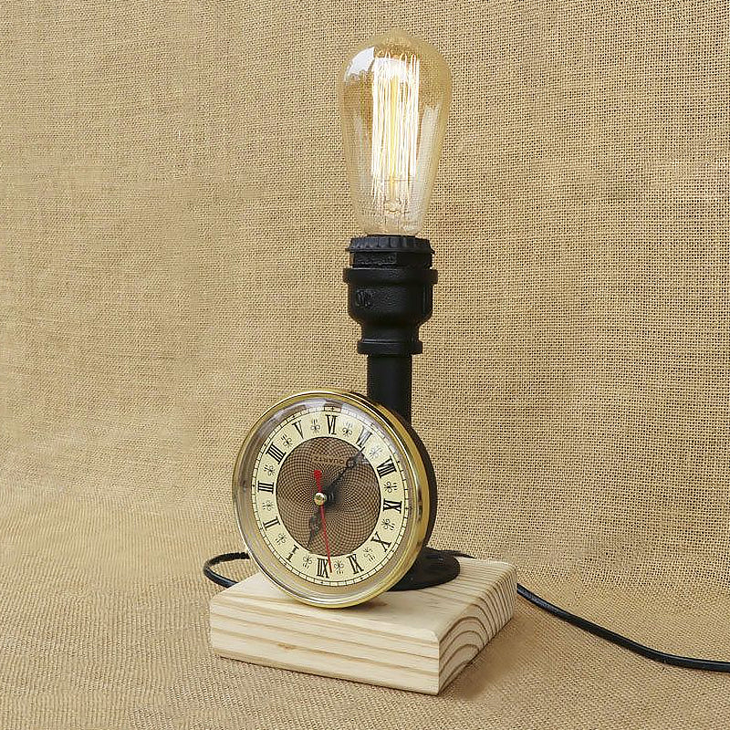 Metal Piped Table Lighting with Clock and Wooden Base Industrial 1 Light Library Mini Table Lamp in Black Clearhalo 'Lamps' 'Table Lamps' Lighting' 1420260