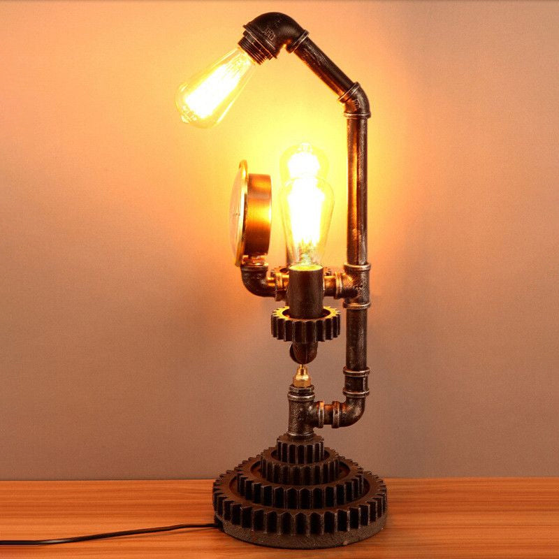 Water Pipe Bedroom Table Lamp with Gear Design and Clock Vintage Metal 3-Light Black Standing Lighting Clearhalo 'Lamps' 'Table Lamps' Lighting' 1420266