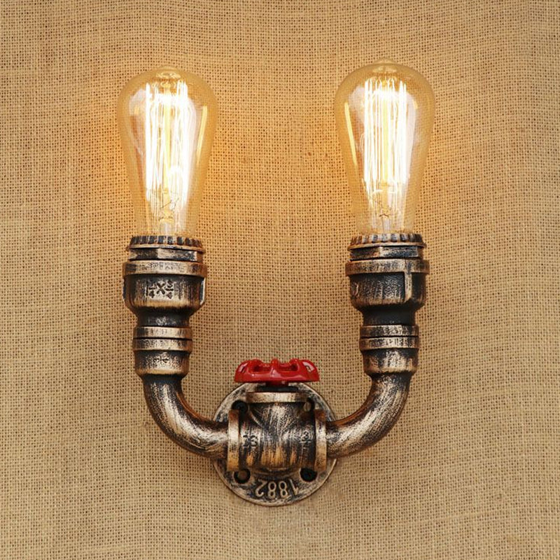 2 Heads Wall Lighting Warehouse Style U Shape Wrought Iron Sconce Light Fixture with Pipe in Aged Brass Clearhalo 'Art deco wall lights' 'Cast Iron' 'Glass' 'Industrial wall lights' 'Industrial' 'Middle century wall lights' 'Modern' 'Rustic wall lights' 'Tiffany' 'Traditional wall lights' 'Wall Lamps & Sconces' 'Wall Lights' Lighting' 1420413