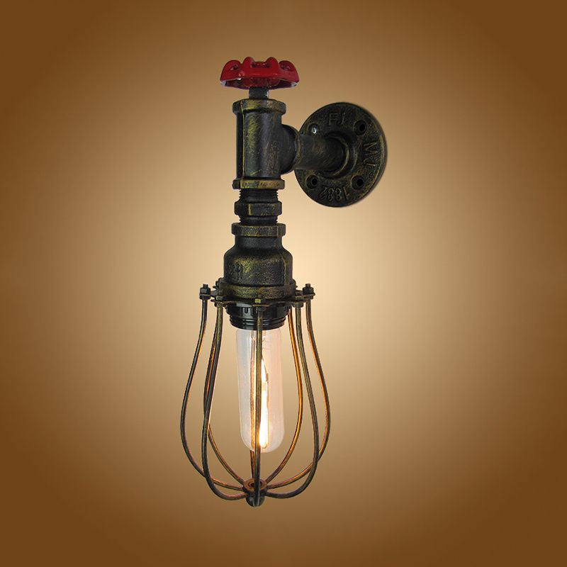 1 Head Bulb Shaped Wall Lamp with Wire Guard and Red Valve Industrial Antique Brass Iron Wall Mount Light Clearhalo 'Art deco wall lights' 'Cast Iron' 'Glass' 'Industrial wall lights' 'Industrial' 'Middle century wall lights' 'Modern' 'Rustic wall lights' 'Tiffany' 'Traditional wall lights' 'Wall Lamps & Sconces' 'Wall Lights' Lighting' 1420454