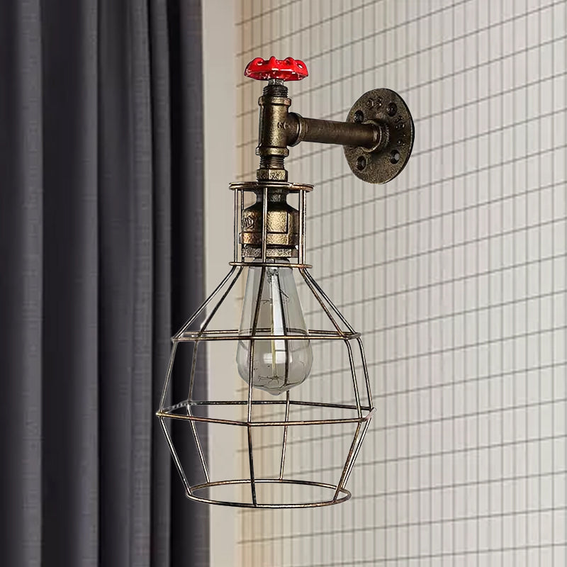 Globe Caged Corridor Wall Light Sconce with Valve Deco Vintage Metal 1 Light Black/Bronze Wall Lamp Clearhalo 'Art deco wall lights' 'Cast Iron' 'Glass' 'Industrial wall lights' 'Industrial' 'Middle century wall lights' 'Modern' 'Rustic wall lights' 'Tiffany' 'Traditional wall lights' 'Wall Lamps & Sconces' 'Wall Lights' Lighting' 1420457