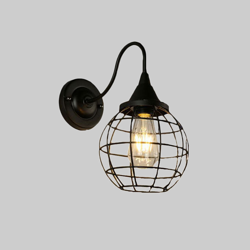 Rustic Style Ball Cage Wall Lighting with Gooseneck Arm 1 Bulb Iron Wall Sconce in Rust/Black Finish Clearhalo 'Art deco wall lights' 'Cast Iron' 'Glass' 'Industrial wall lights' 'Industrial' 'Middle century wall lights' 'Modern' 'Rustic wall lights' 'Tiffany' 'Traditional wall lights' 'Wall Lamps & Sconces' 'Wall Lights' Lighting' 1420505