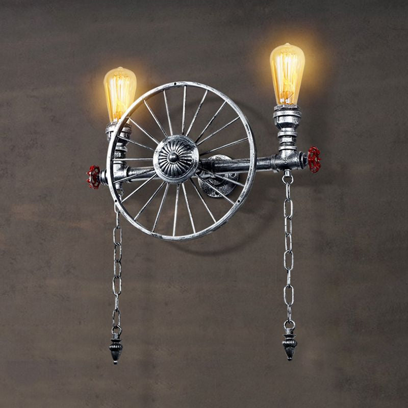 1/2-Head Bare Bulb Wall Mount Light Industrial Style Silver/Bronze/Antique Brass Wrought Iron Wall Lighting with Wheel Decoration Clearhalo 'Art deco wall lights' 'Cast Iron' 'Glass' 'Industrial wall lights' 'Industrial' 'Middle century wall lights' 'Modern' 'Rustic wall lights' 'Tiffany' 'Traditional wall lights' 'Wall Lamps & Sconces' 'Wall Lights' Lighting' 1420546