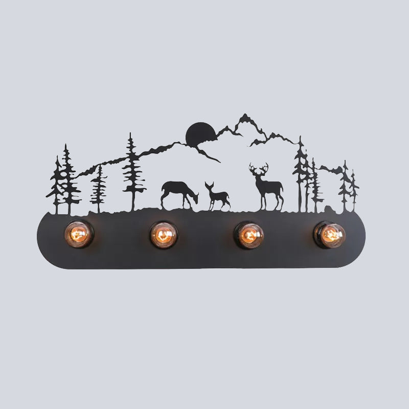 Lodge Open Bulb Wall Light with Elk/Horse/Sheep/Mountain/Windmill/Tree Design 4 Bulbs Metallic Wall Sconce in Black for Indoor Clearhalo 'Wall Lamps & Sconces' 'Wall Lights' Lighting' 1420554