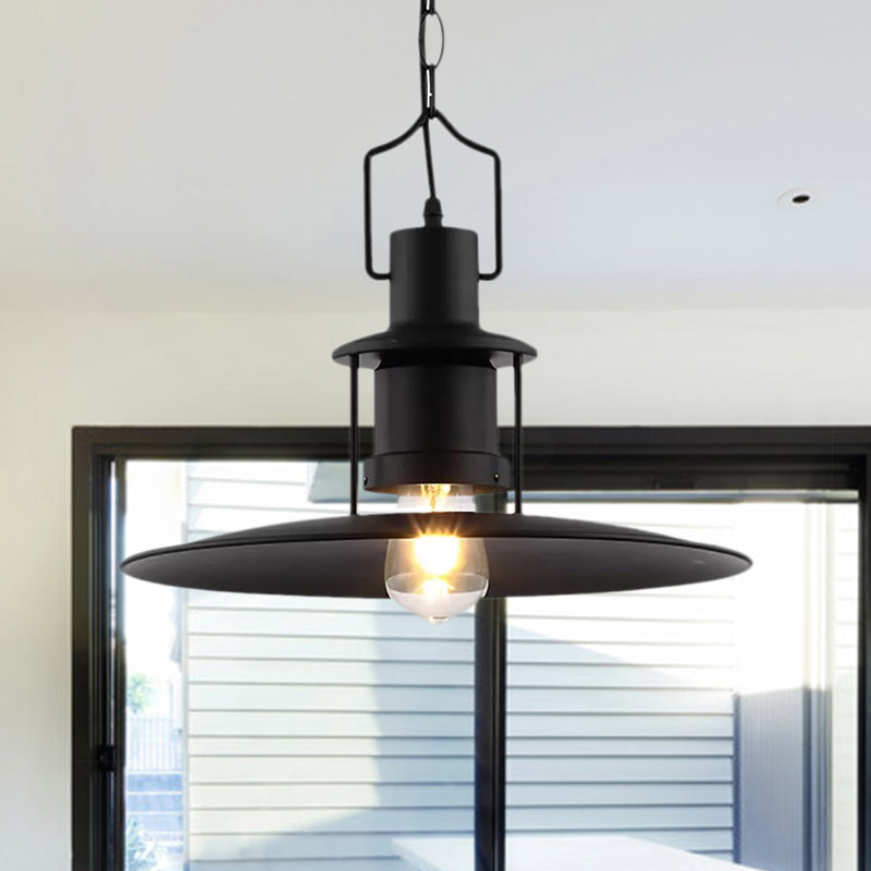 Flat Cone Shade Metal Pendant Light Industrial 1 Light Dining Room Hanging Fixture in Black, 16