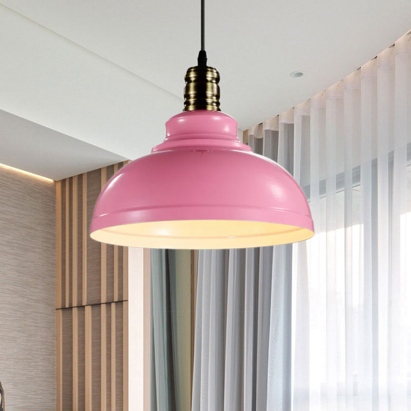 1 Head Dome Ceiling Fixture Industrial Style Pink/Blue Metal Hanging Fixture with Adjustable Cord, 12